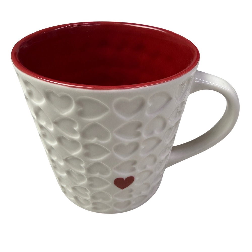 Starbucks 2007‎ White Embossed Hearts Red Interior Coffee Mug 16oz Valentine Cup